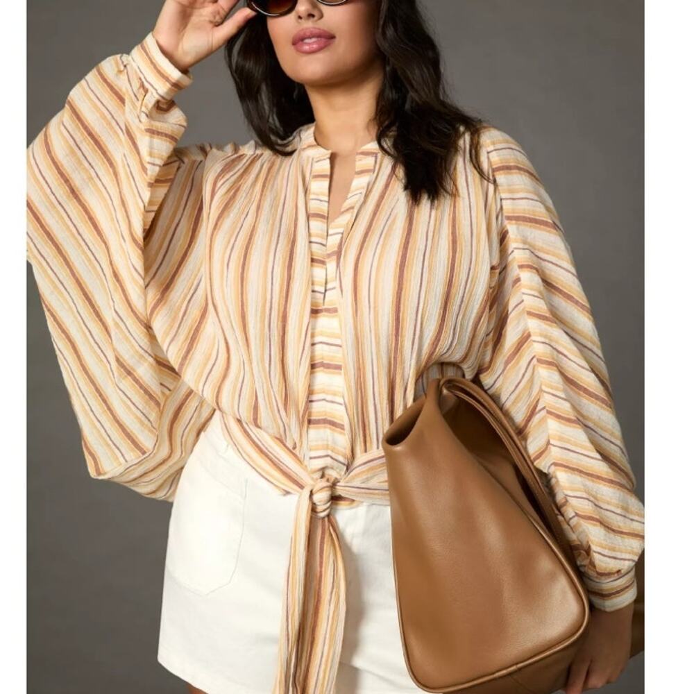 Anthropologie Tie-Front Top Womens Small Yellow Striped Oversized Balloon Sleeve